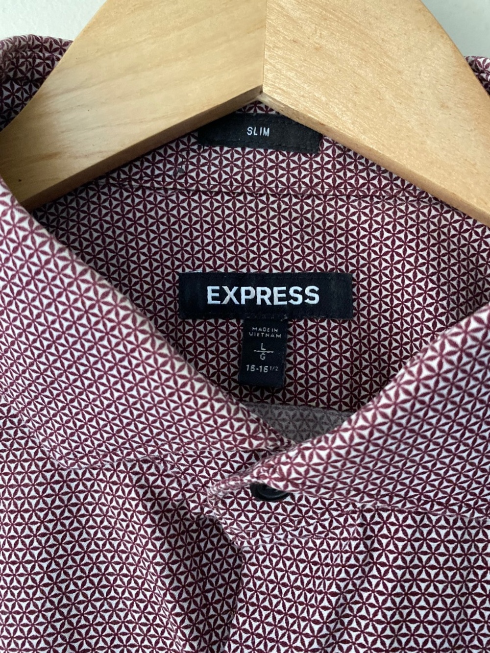 Express Slim Fit Dress Shirt Mens Large Burgundy Red Geometric Print Button Down - Picture 1 of 3